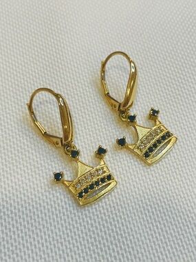 14K Yellow Gold Diamond And Black Diamond Crown Earrings